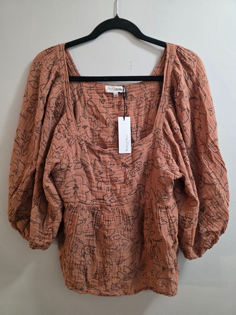 Michael Stars Rust Floral Cotton Gauze Peasant Blouse Sz M